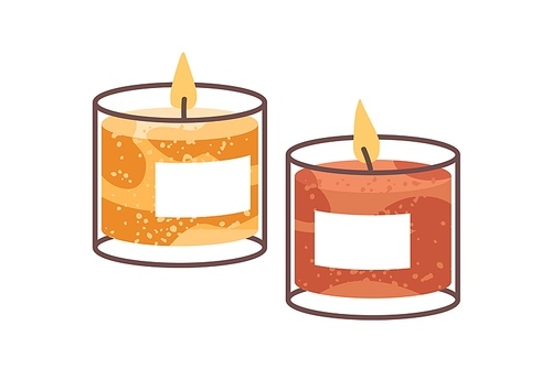 Soy wax candles in glass jars. Modern aromatic interior decoration. Cosy decorative burning candlelights. Romantic home decor with glowing light. Flat vector illustration isolated on white .