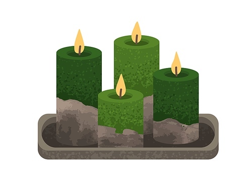 Modern wax candles on concrete pedestal. Elegant candlelights on hard stone stand. Cosy aromatic romantic decorationon tray for home interior. Flat vector illustration isolated on white .