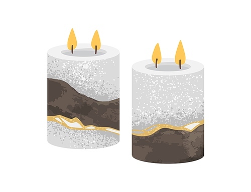 Two-wick candles. Modern natural home decoration with burning light and fragrance. Aromatic scented 2-candlewick candlelights. Craft aroma decor. Flat vector illustration isolated on white .
