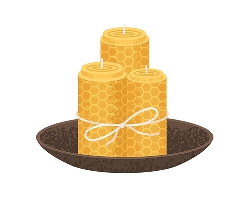 Rolled honeycomb candles in bowl. Natural beeswax pillars with honey scent. Handmade cosy home interior decoration tied with string. Flat vector illustration isolated on white .