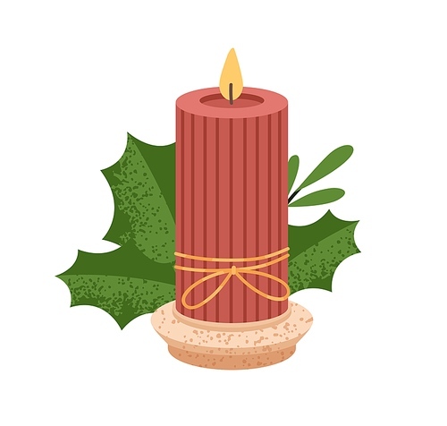 Ribbed wax candle on candlestick with leaf. Modern eco decoration. Decorative glowing candlelight taper with flame. Cosy romantic handmade pillar. Flat vector illustration isolated on white .