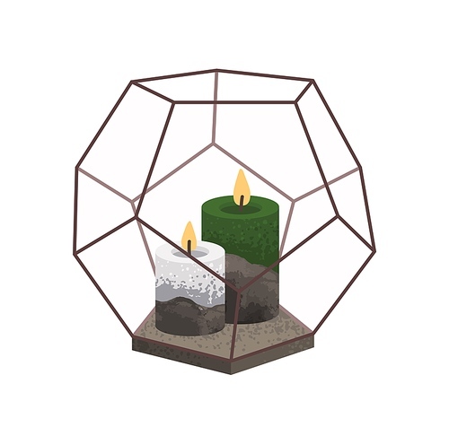 Wax candle in glass and metal geometric terrarium holder. Scented aromatic decoration. Modern cosy decorative glowing light. Romantic decor. Flat vector illustration isolated on white .