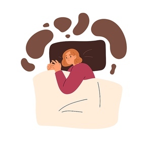 Insomnia and anxiety concept. Sleepless person in stress in bed. Depressed anxious woman with psychology problem cannot sleep. Sleeplessness. Flat vector illustration isolated on white .