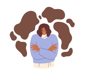 Scared anxious woman in stress and fear. Worried nervous afraid person suffering from panic attack, anxiety, phobias. Psychology trauma concept. Flat vector illustration isolated on white .