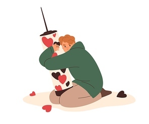 Sad love addicted person suffering from relationship dependence, affection. Psychology concept of heart addition, problem. Man in grief, sorrow. Flat vector illustration isolated on white .