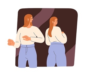 Eating disorder and anorexia concept. Woman with distorted self-perception looking in mirror. Psychology problem, dysmorphophobia. Flat graphic vector illustration isolated on white .