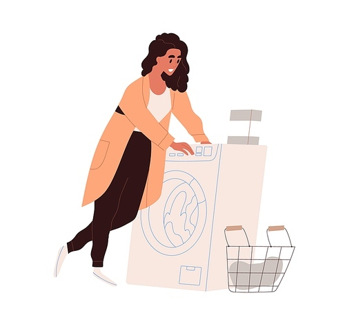 Woman doing laundry in washing machine. Person turning on washer for clothes laundering. Female and housework, lifestyle scene. Flat vector illustration isolated on white .