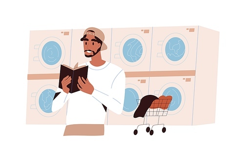 Person at laundromat, waiting for clothes to be washed by washer machines. Man customer at laundry shop. Guy at public self-service launderette. Flat vector illustration isolated on white .