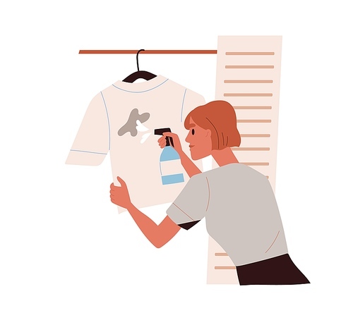 Person removing stains from dirty clothes, spraying detergent, spot remover. Woman clean dirt, mark from soiled t-shirt with mud removal liquid. Flat vector illustration isolated on white .