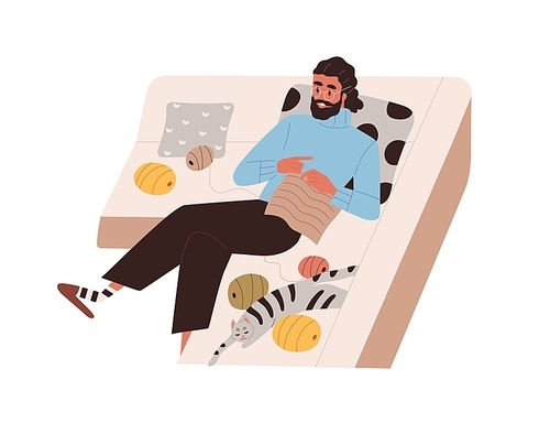 Person knitting at home. Crochet hobby. Man relaxing on sofa with yarn, needles, making handmade garment. Creative handcraft. Flat vector illustration of handicraft isolated on white .