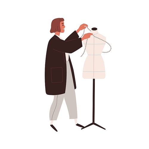 Tailor and mannequin. Dressmaker work with measuring tape and female torso model, dummy for sewing. Clothes designer and fabric manikin on stand. Flat vector illustration isolated on white .
