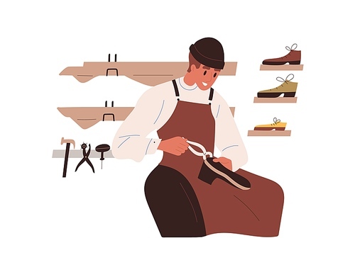 Artisan during shoe making process. Cobbler repairing boots. Shoemaker in apron at work, manufacturing handmade footwear. Flat graphic vector illustration of craftsman isolated on white .