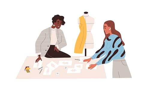Women work at clothes design creation. Fashion designers creating garments, looking apparel drafts in studio. Creators preparing new collection. Flat vector illustration isolated on white .