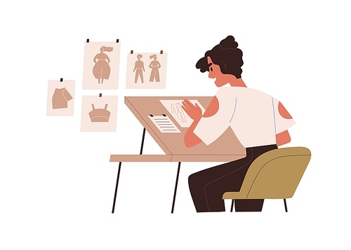 Fashion designer at work, creating clothes collection, drawing sketches, drafts of garments. Woman during design creation process at table. Flat vector illustration isolated on white .
