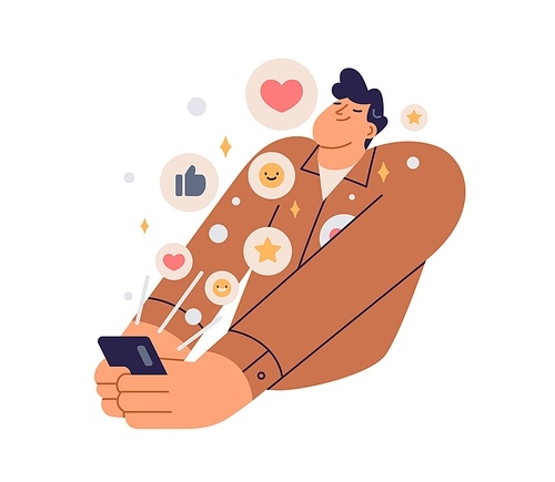 Positive feedback to post in social media. Person enjoying likes, thumb-ups, hearts, smiling emojis in internet. Happy man with mobile phone. Flat vector illustration isolated on white .