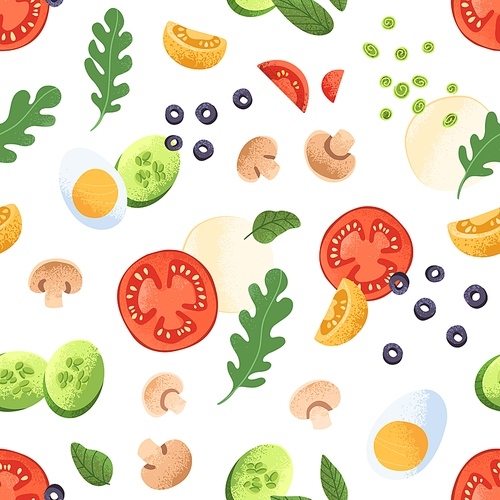 Seamless vegetarian food pattern. Endless background with vegetables, mushrooms, eggs, tomatoes, olives and greens. Repeating  with fresh ingredients, veggies. Colored flat vector illustration.