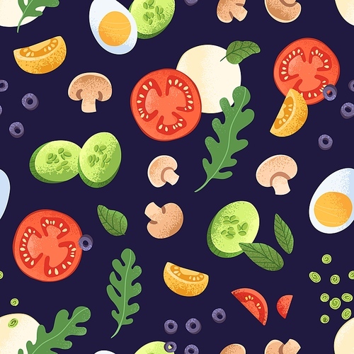 Seamless food pattern with healthy fresh ingredients. Endless background with vegetable slices, tomatoes, cucumbers, egg pieces, Italian greens, cheese and mushrooms. Flat vector illustration.