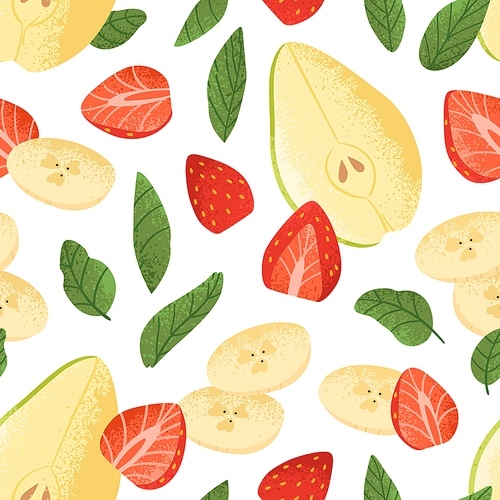 Seamless fruit and berry pattern. Endless background design with natural strawberry, banana, pears pieces. Fresh healthy vitamin food, repeating . Flat vector illustration of repeatable texture.