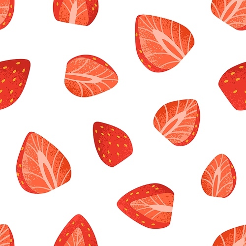 Seamless pattern with strawberries. Endless background with red berries, repeating print for textile, wrapping, decoration. Fresh fruit pieces on white backdrop. Colored flat vector illustration.