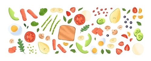 Vegetable, fruits, greens and berries pieces. Healthy food set. Toast slice and fresh ingredients, asparagus, avocado, eggs, tomato, mushroom. Flat vector illustration isolated on white .