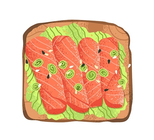 Salmon and mashed avocado toast. Healthy sandwich with red fish pieces, capers, sesame seeds on bread slice, top view. Snack food for breakfast. Flat vector illustration isolated on white .