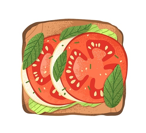 Breakfast toast with tomato, mozzarella, basil and avocado mash. Grilled Italian sandwich with vegetables. Vegetarian snack. Healthy food. Colored flat vector illustration isolated on white .