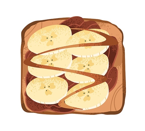 Sweet banana and peanut butter toast. Open fruit sandwich with chocolate paste and caramel topping on grilled square bread. Breakfast food. Flat vector illustration isolated on white .