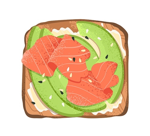 Smoked salmon and avocado toast. Healthy snack, open sandwich with fish slices, cream cheese, sesame on grilled bread, top view. Breakfast food. Flat vector illustration isolated on white .