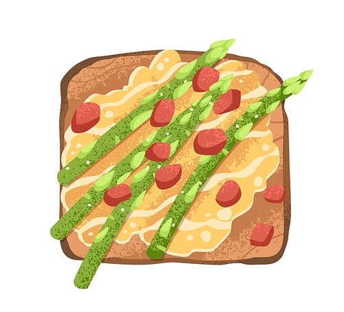 Green asparagus, honey and nuts toast. Vegetarian sandwich on grilled bread with peanuts, vegetable. Vegan snack. Breakfast food. Flat vector illustration isolated on white .