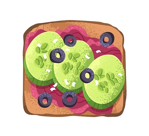 Vegan toast with vegetables. Square bread slice with fresh cucumber pieces, mashed beetroot and olives. Vegetarian snack. Healthy breakfast food. Flat vector illustration isolated on white .