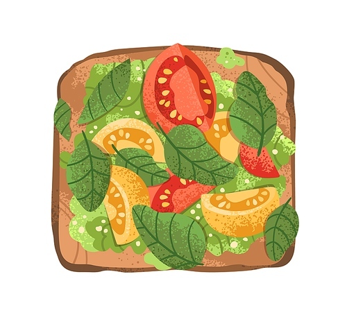 Vegetable toast on grilled bread slice. Open sandwich with fresh cherry tomatoes, basil leaves, mashed avocado and sesame seeds. Vegan snack food. Flat vector illustration isolated on white .