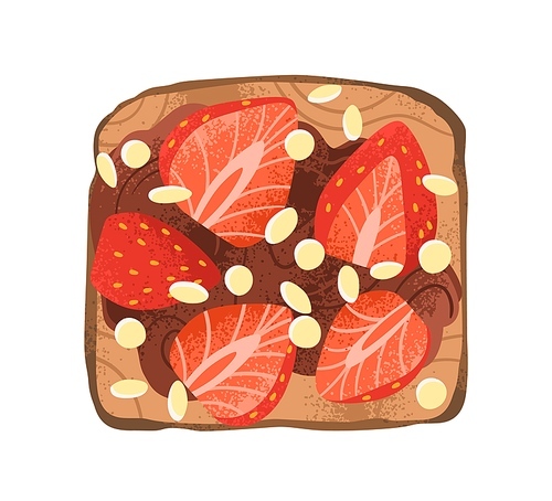 Strawberry and chocolate paste toast. Fruit sandwich with berries and pine nuts on grilled square bread. Sweet snack. Yummy breakfast food. Flat vector illustration isolated on white .