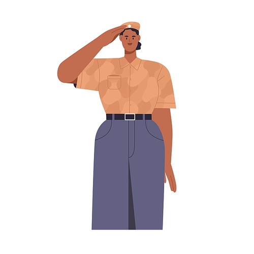 woman soldier in uniform, saluting with hand at head. female army worker portrait. strong person from military service, armed forces. flat vector illustration isolated on .