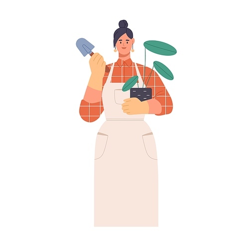 Woman gardener at work. Female portrait with potted house plant and shovel. Professional botanist in apron growing and caring about houseplant. Flat vector illustration isolated on white .