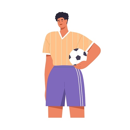 Woman soccer player holding ball in hand. Football athlete in uniform, sports outfit. Female footballer in sportswear portrait. Flat vector illustration isolated on white .