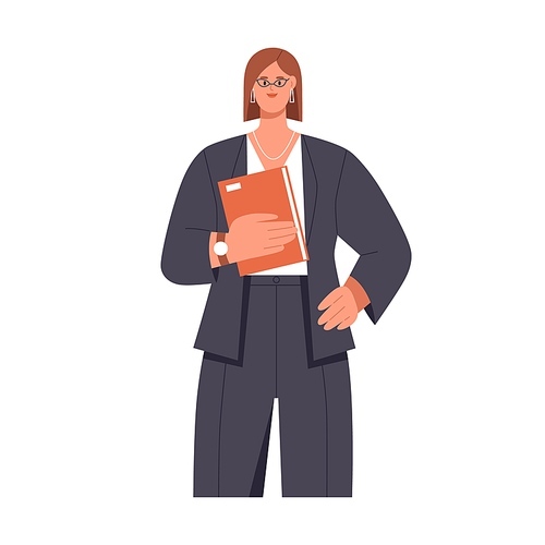 Woman office worker portrait. Confident businesswoman, CEO in formal apparel. Female entrepreneur with folder in hands. Business expert. Flat vector illustration of clerk isolated on white .