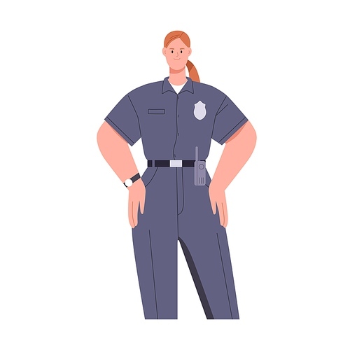 Woman police officer in uniform portrait. Friendly policewoman. Female cop. Legal guard. Happy smiling safeguard worker. Flat vector illustration isolated on white .