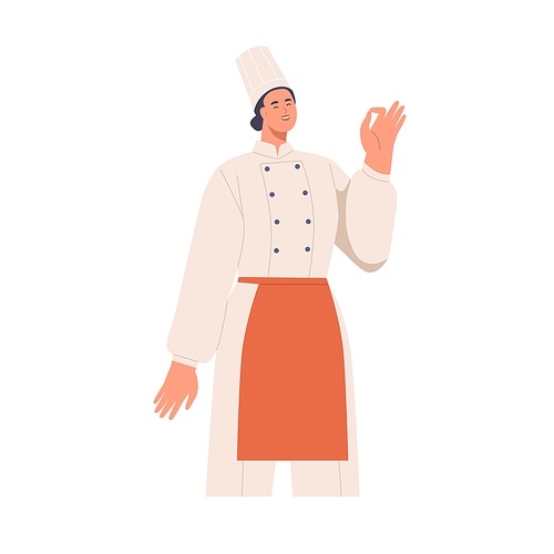 Woman chef cook in professional uniform, showing okay gesture with hand. Happy smiling female restaurant worker in hat and apron with OK sign. Flat vector illustration isolated on white .