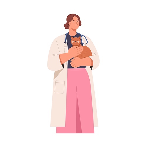 Veterinarian doctor with cat patient in hands. Happy woman vet holding pet. Smiling female veterinary professional with feline animal in arms. Flat vector illustration isolated on white .