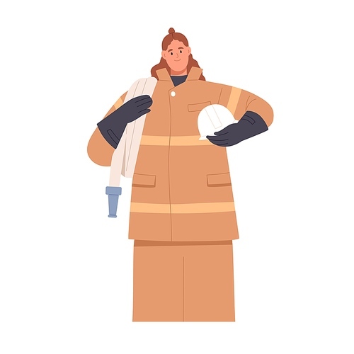 Woman firefighter in uniform portrait. Happy firewoman with hose and helmet in hands. Female fire fighter standing with professional equipment. Flat vector illustration isolated on white .