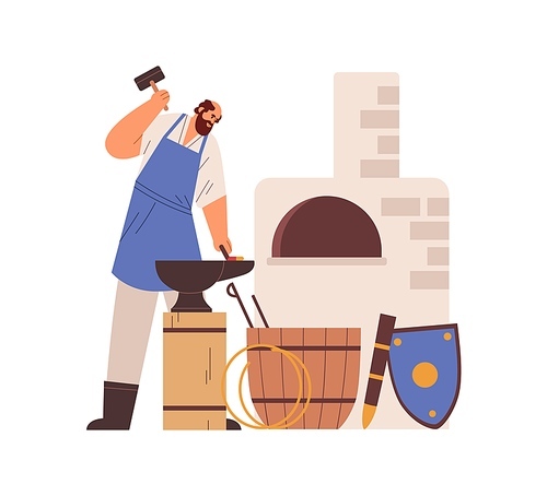 Medieval blacksmith working with hot metal, iron and hammer. Ancient smith in forge workshop. Professional artisan in apron in anvil, workroom. Flat vector illustration isolated on white .