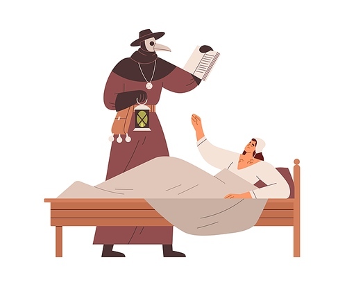 Medieval doctor in old plague costume healing ill woman. Sick dying person in bed in Middle ages. Ancient illness, sickness and curing it. Flat vector illustration isolated on white .
