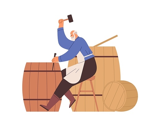 Medieval cooper assembling wood barrels, casks with tolls, hammer and chisel. Old artisan working with wooden buckets. Profession of Middle ages. Flat vector illustration isolated on white .