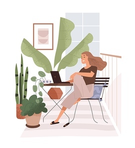 Happy woman with laptop on balcony. Freelance worker sitting at computer on terrace. Freelancer during remote work in summer home office. Flat vector illustration isolated on white background.