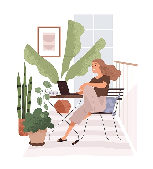 Happy woman with laptop on balcony. Freelance worker sitting at computer on terrace. Freelancer during remote work in summer home office. Flat vector illustration isolated on white .