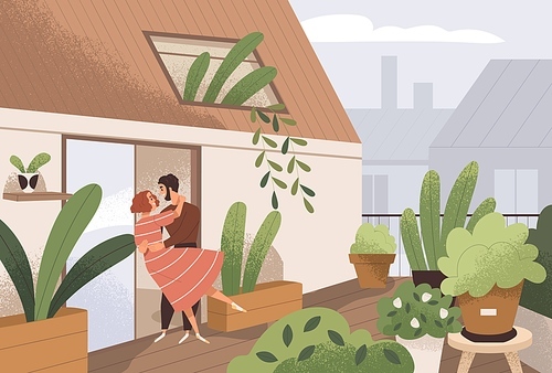 Happy love couple on romantic date on home balcony with plants. Enamored man and woman hugging, dancing, relaxing on roof terrace of house. Flat vector illustration of valentines, husband and wife.