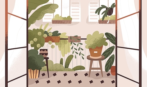 Home balcony garden with potted green plants. Cozy terrace interior design with many houseplants in planters, flowerpots. Urban house jungle on veranda, view from room. Flat vector illustration.