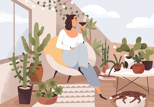 Woman relaxing on cozy balcony, sitting in chair, drinking tea. Happy person resting on green terrace, home garden with house plants. Female in summer rooftop interior. Flat vector illustration.