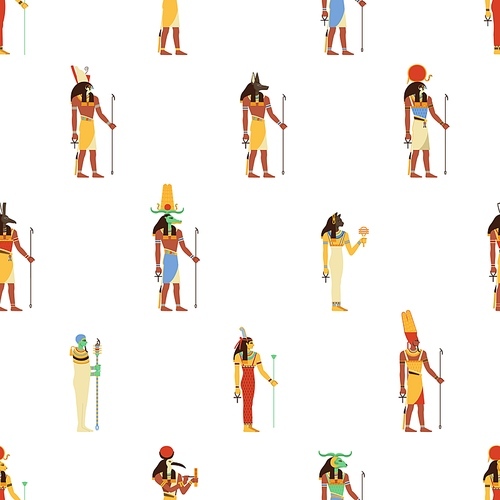 Seamless pattern with Ancient Egypts gods. Egyptian history background with repeating , ornament of old deities. Endless historical texture design for decoration. Flat graphic vector illustration.