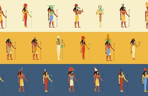 ancient egypts gods profiles, seamless . endless egyptian history background with old deities. repeating historical texture design for decoration. flat graphic vector illustration for fabric.